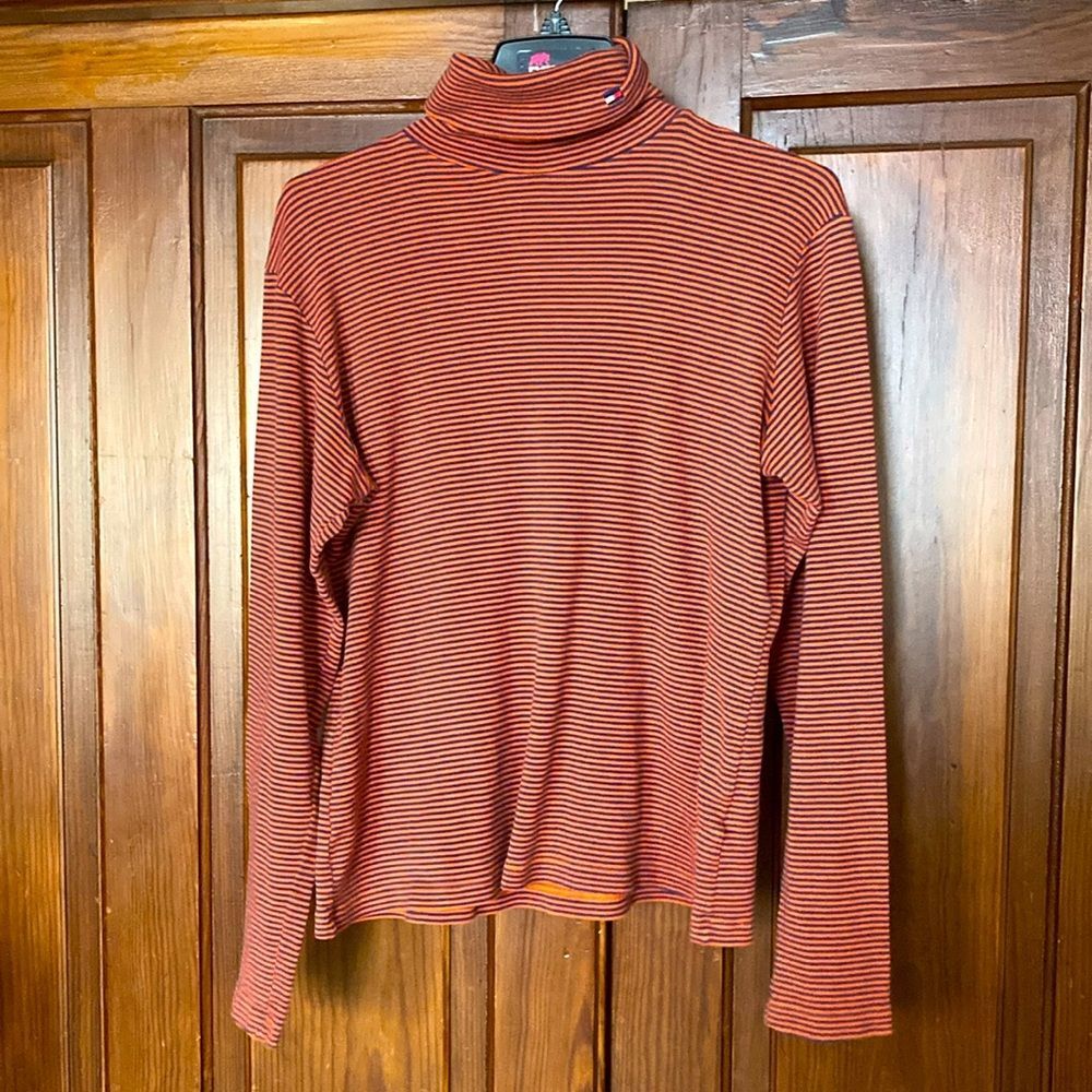 Tommy Hilfiger Jeans Women’s Vtg Orange Blue Logo Cotton Striped Turtleneck XL